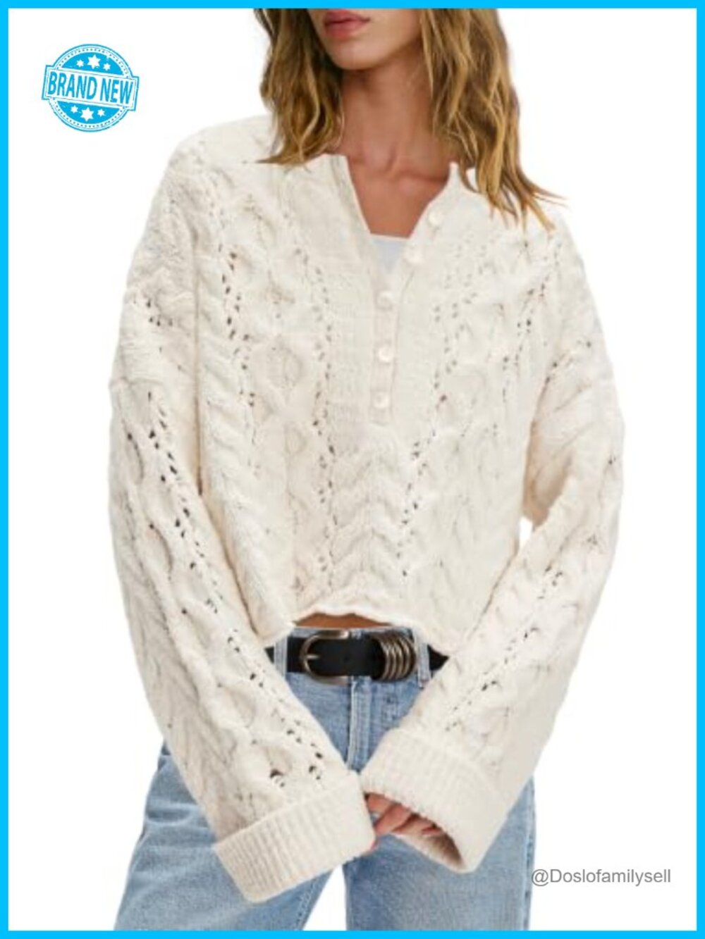 Womens Oversized Cable Knit Bell Sleeve Sweater Cropped Pullover